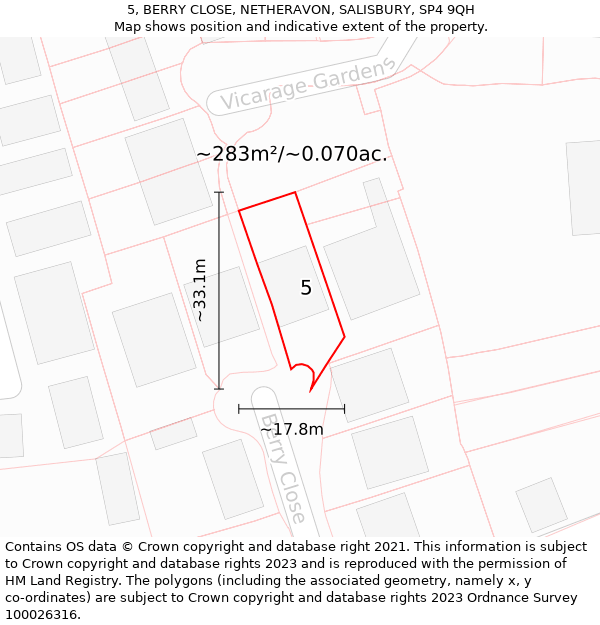 5, BERRY CLOSE, NETHERAVON, SALISBURY, SP4 9QH: Plot and title map