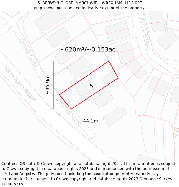 5, BERWYN CLOSE, MARCHWIEL, WREXHAM, LL13 0PT: Plot and title map