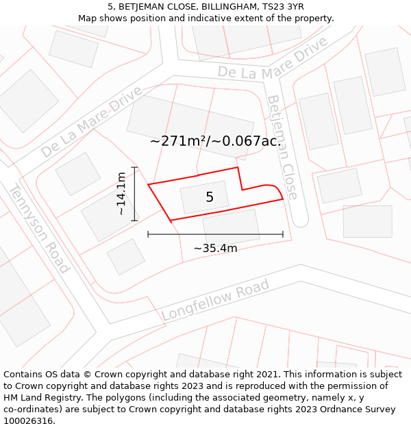 5, BETJEMAN CLOSE, BILLINGHAM, TS23 3YR: Plot and title map