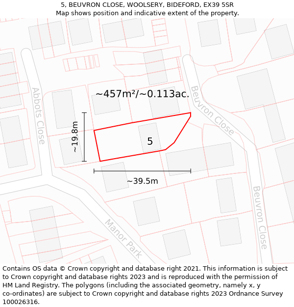 5, BEUVRON CLOSE, WOOLSERY, BIDEFORD, EX39 5SR: Plot and title map