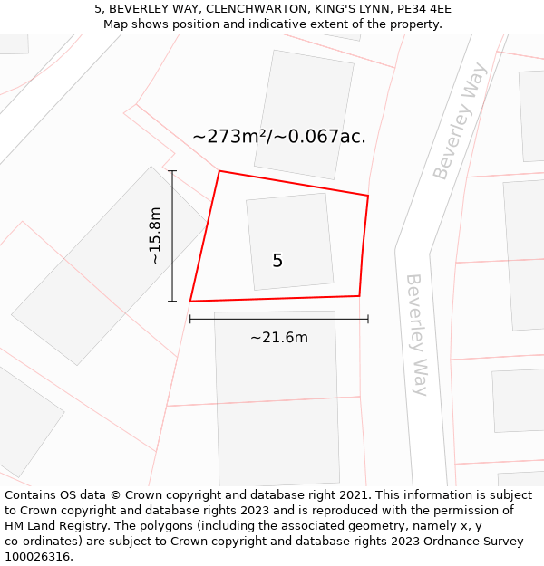 5, BEVERLEY WAY, CLENCHWARTON, KING'S LYNN, PE34 4EE: Plot and title map