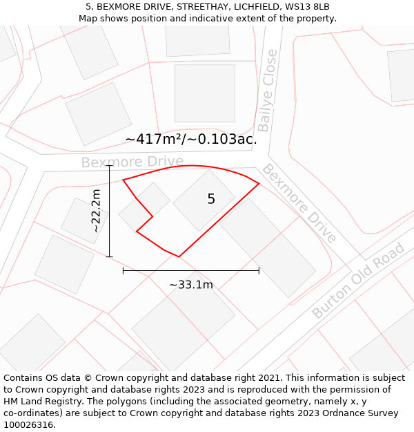 5, BEXMORE DRIVE, STREETHAY, LICHFIELD, WS13 8LB: Plot and title map