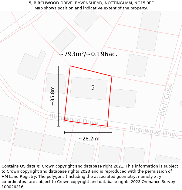 5, BIRCHWOOD DRIVE, RAVENSHEAD, NOTTINGHAM, NG15 9EE: Plot and title map