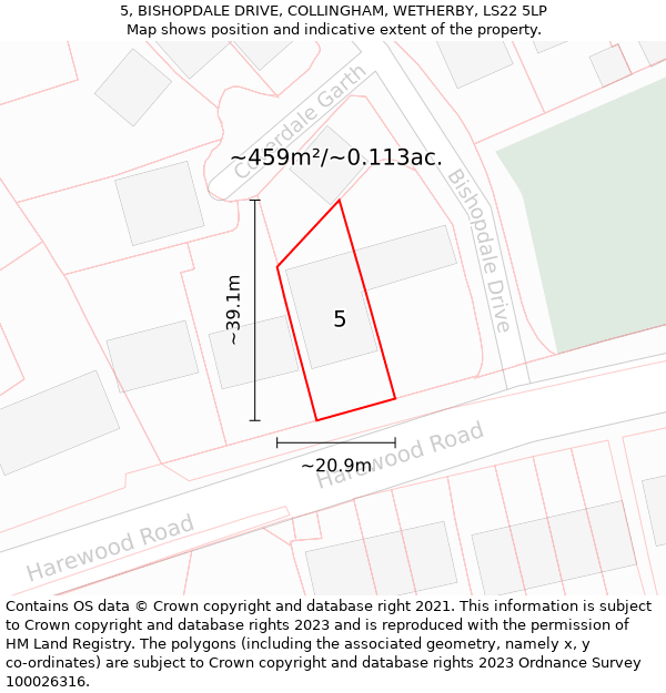 5, BISHOPDALE DRIVE, COLLINGHAM, WETHERBY, LS22 5LP: Plot and title map