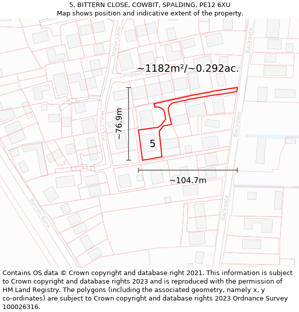 5, BITTERN CLOSE, COWBIT, SPALDING, PE12 6XU: Plot and title map