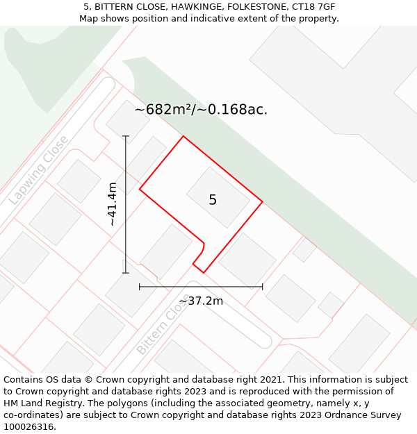 5, BITTERN CLOSE, HAWKINGE, FOLKESTONE, CT18 7GF: Plot and title map