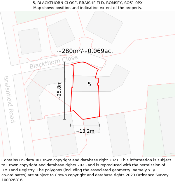 5, BLACKTHORN CLOSE, BRAISHFIELD, ROMSEY, SO51 0PX: Plot and title map