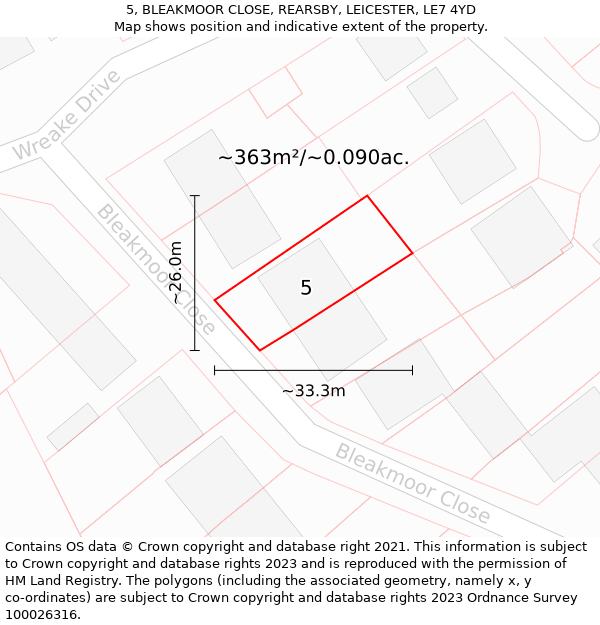 5, BLEAKMOOR CLOSE, REARSBY, LEICESTER, LE7 4YD: Plot and title map