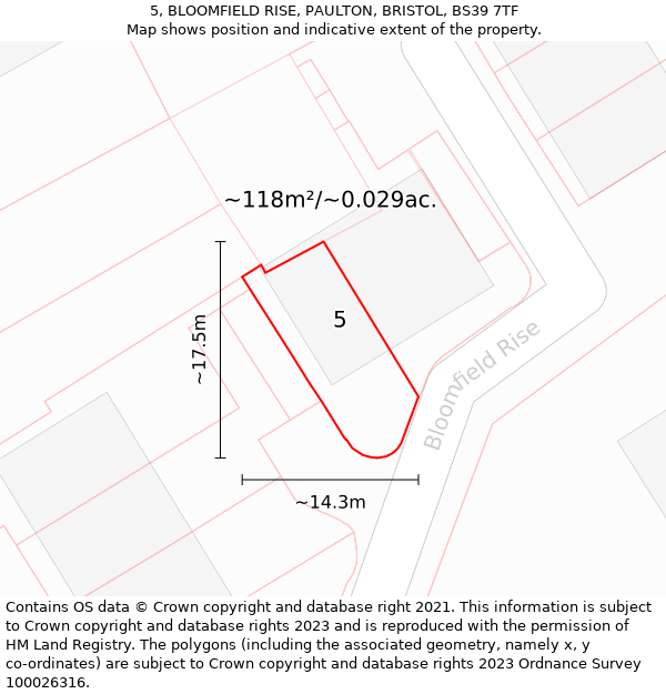 5, BLOOMFIELD RISE, PAULTON, BRISTOL, BS39 7TF: Plot and title map