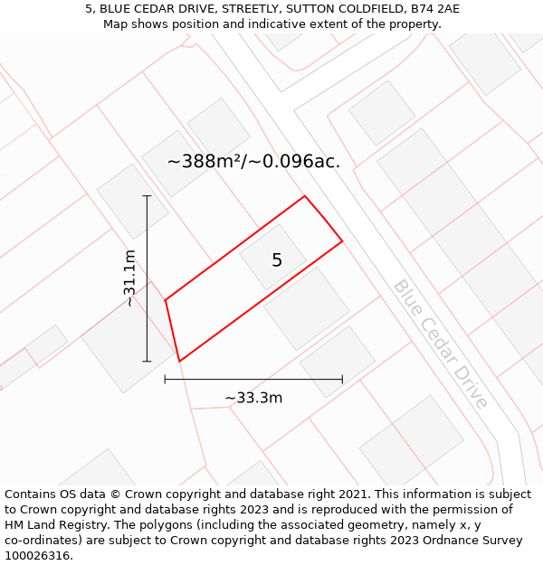 5, BLUE CEDAR DRIVE, STREETLY, SUTTON COLDFIELD, B74 2AE: Plot and title map