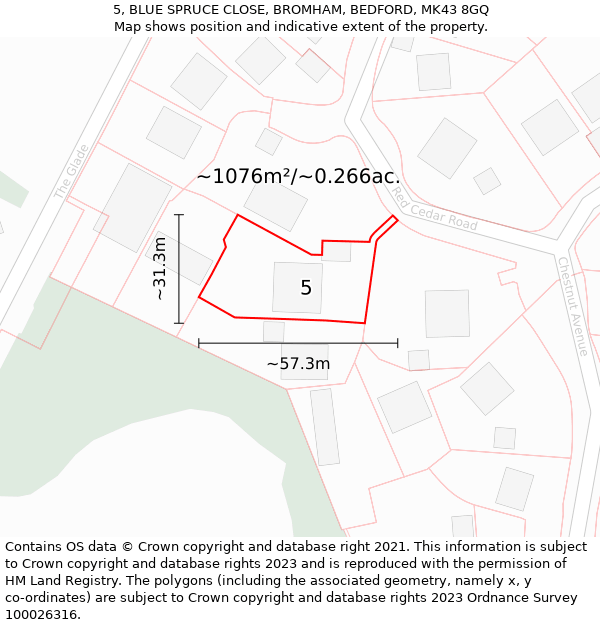 5, BLUE SPRUCE CLOSE, BROMHAM, BEDFORD, MK43 8GQ: Plot and title map