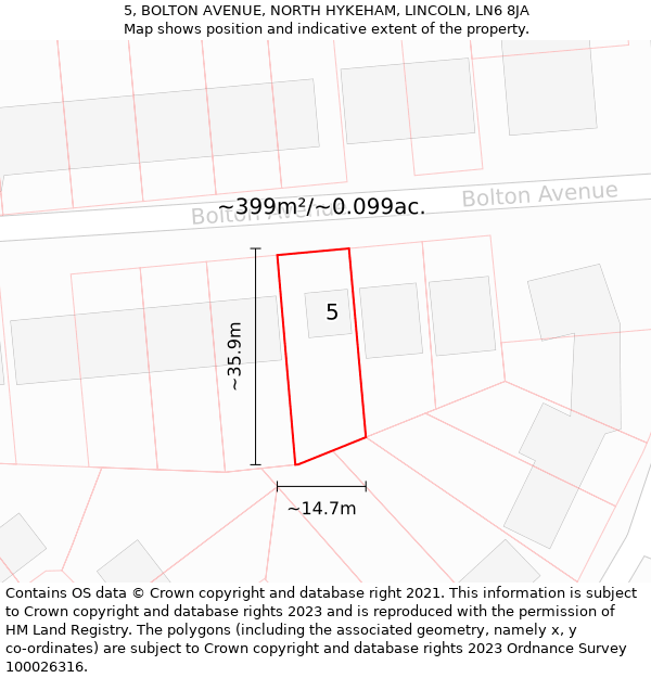 5, BOLTON AVENUE, NORTH HYKEHAM, LINCOLN, LN6 8JA: Plot and title map