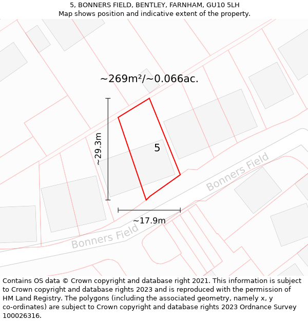 5, BONNERS FIELD, BENTLEY, FARNHAM, GU10 5LH: Plot and title map