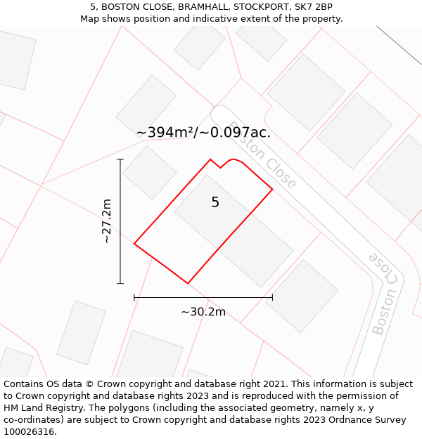 5, BOSTON CLOSE, BRAMHALL, STOCKPORT, SK7 2BP: Plot and title map