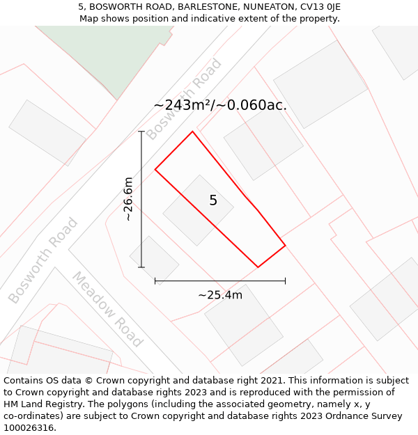 5, BOSWORTH ROAD, BARLESTONE, NUNEATON, CV13 0JE: Plot and title map