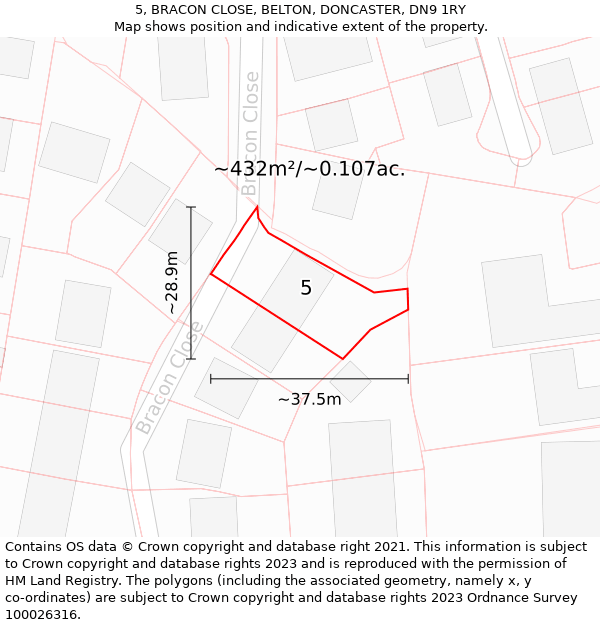 5, BRACON CLOSE, BELTON, DONCASTER, DN9 1RY: Plot and title map