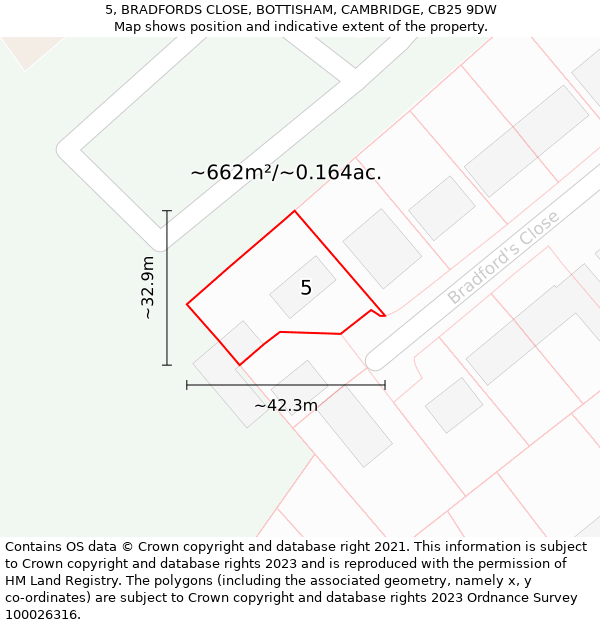 5, BRADFORDS CLOSE, BOTTISHAM, CAMBRIDGE, CB25 9DW: Plot and title map