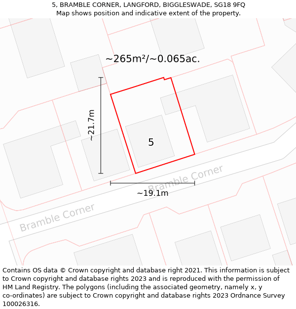 5, BRAMBLE CORNER, LANGFORD, BIGGLESWADE, SG18 9FQ: Plot and title map