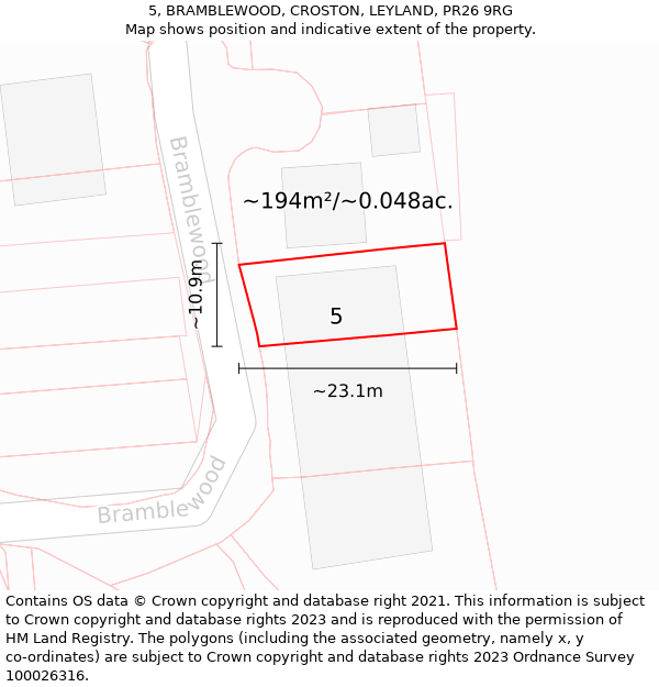 5, BRAMBLEWOOD, CROSTON, LEYLAND, PR26 9RG: Plot and title map