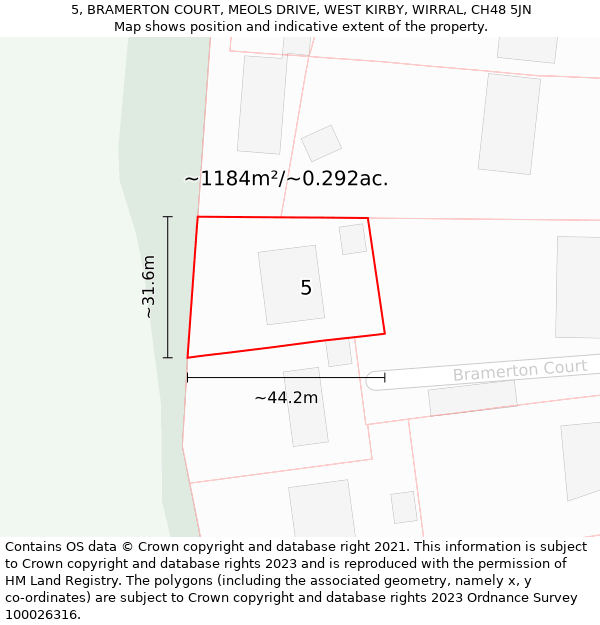 5, BRAMERTON COURT, MEOLS DRIVE, WEST KIRBY, WIRRAL, CH48 5JN: Plot and title map