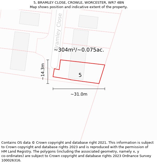 5, BRAMLEY CLOSE, CROWLE, WORCESTER, WR7 4BN: Plot and title map