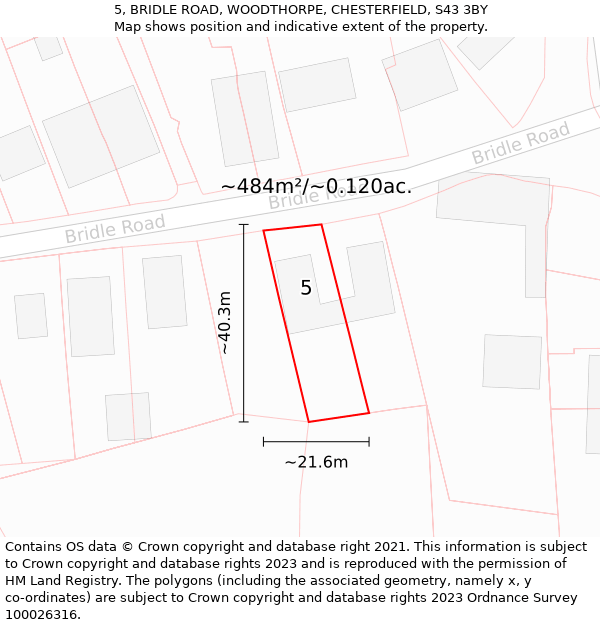 5, BRIDLE ROAD, WOODTHORPE, CHESTERFIELD, S43 3BY: Plot and title map