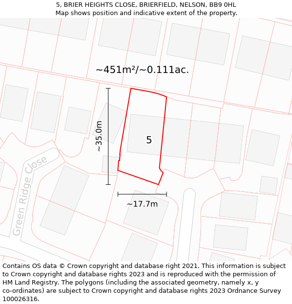 5, BRIER HEIGHTS CLOSE, BRIERFIELD, NELSON, BB9 0HL: Plot and title map