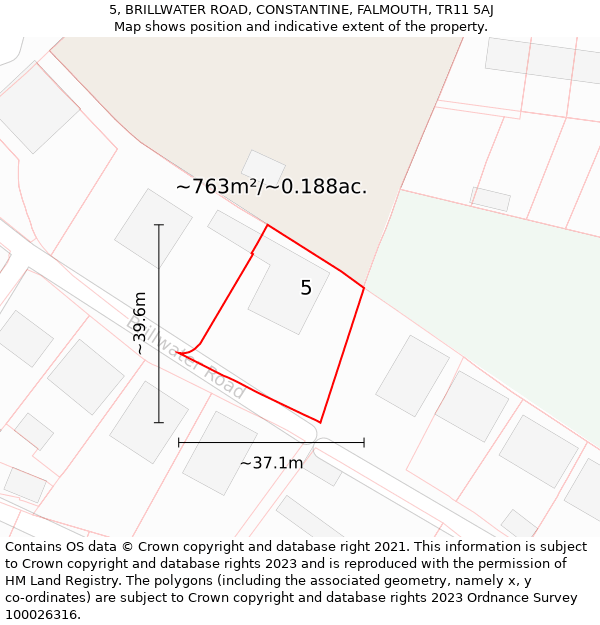 5, BRILLWATER ROAD, CONSTANTINE, FALMOUTH, TR11 5AJ: Plot and title map