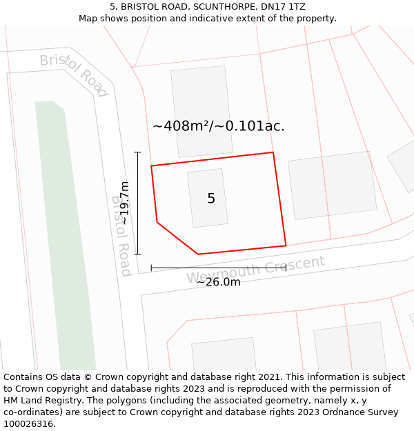 5, BRISTOL ROAD, SCUNTHORPE, DN17 1TZ: Plot and title map