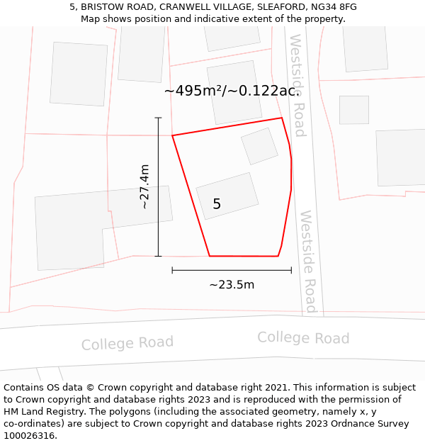 5, BRISTOW ROAD, CRANWELL VILLAGE, SLEAFORD, NG34 8FG: Plot and title map