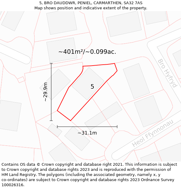 5, BRO DAUDDWR, PENIEL, CARMARTHEN, SA32 7AS: Plot and title map