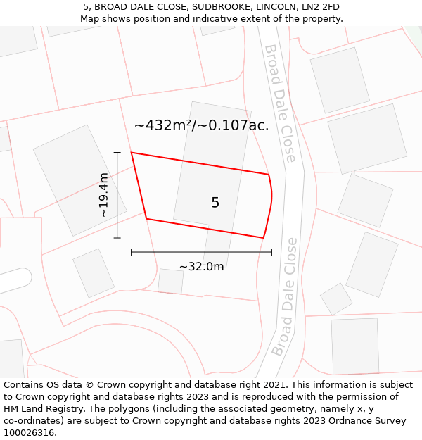 5, BROAD DALE CLOSE, SUDBROOKE, LINCOLN, LN2 2FD: Plot and title map