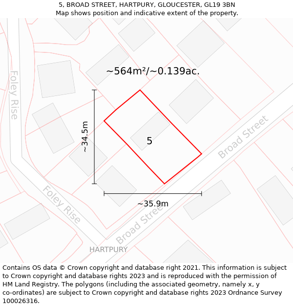 5, BROAD STREET, HARTPURY, GLOUCESTER, GL19 3BN: Plot and title map