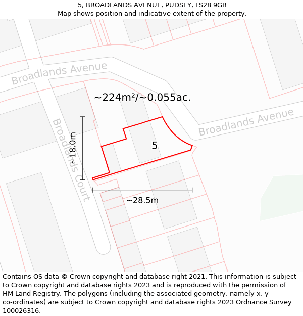 5, BROADLANDS AVENUE, PUDSEY, LS28 9GB: Plot and title map