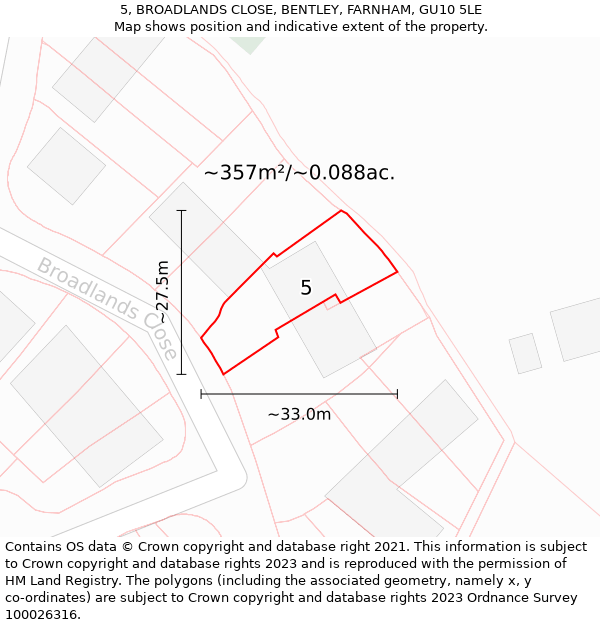 5, BROADLANDS CLOSE, BENTLEY, FARNHAM, GU10 5LE: Plot and title map