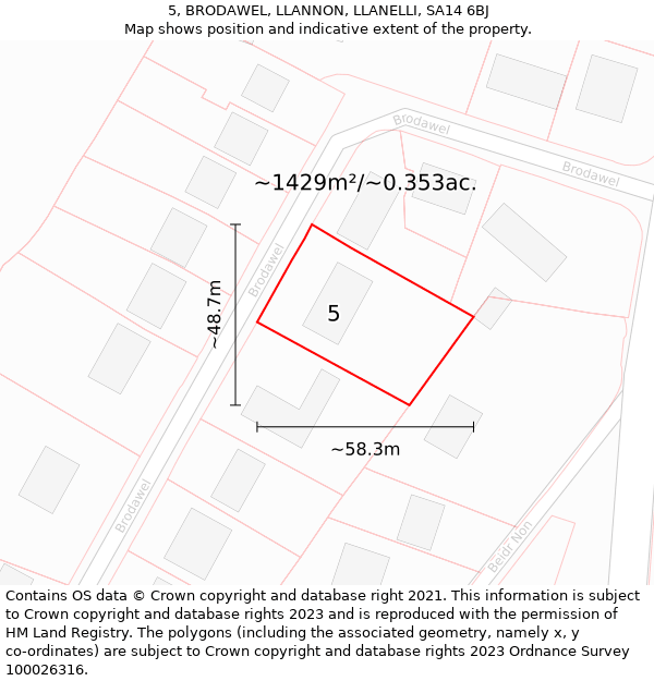 5, BRODAWEL, LLANNON, LLANELLI, SA14 6BJ: Plot and title map