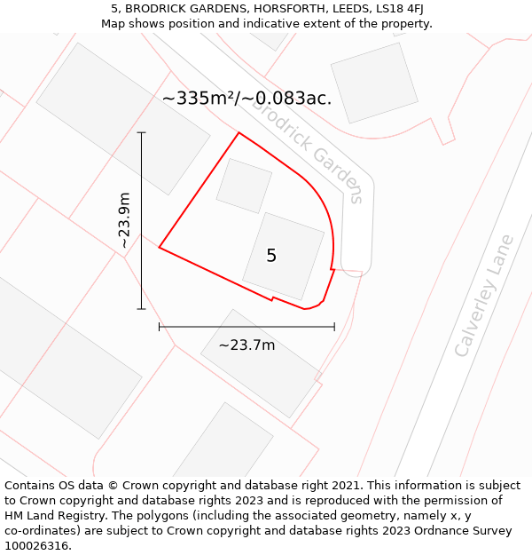 5, BRODRICK GARDENS, HORSFORTH, LEEDS, LS18 4FJ: Plot and title map