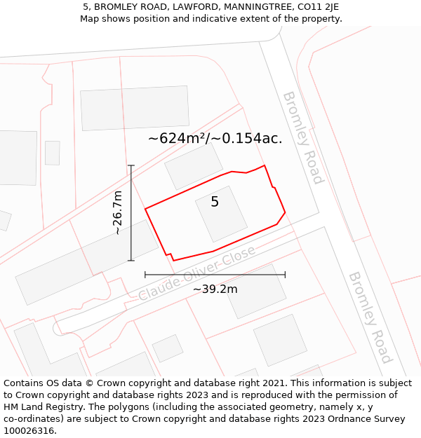 5, BROMLEY ROAD, LAWFORD, MANNINGTREE, CO11 2JE: Plot and title map