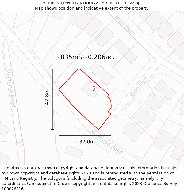 5, BRON LLYN, LLANDDULAS, ABERGELE, LL22 8JL: Plot and title map