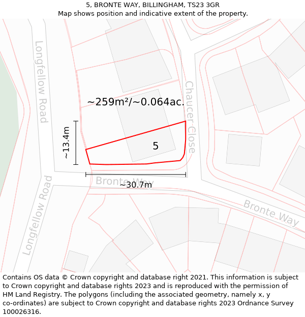 5, BRONTE WAY, BILLINGHAM, TS23 3GR: Plot and title map