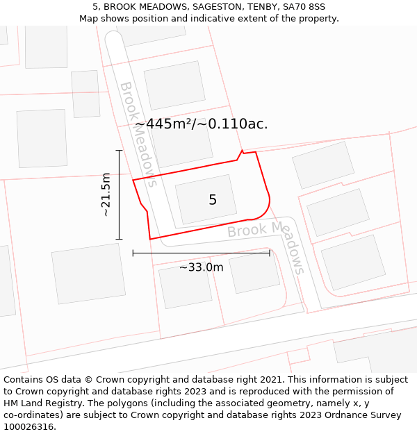 5, BROOK MEADOWS, SAGESTON, TENBY, SA70 8SS: Plot and title map