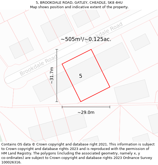 5, BROOKDALE ROAD, GATLEY, CHEADLE, SK8 4HU: Plot and title map