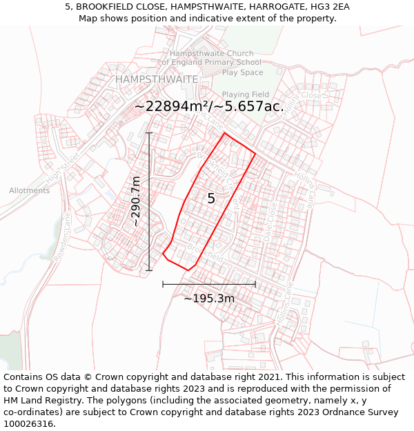 5, BROOKFIELD CLOSE, HAMPSTHWAITE, HARROGATE, HG3 2EA: Plot and title map