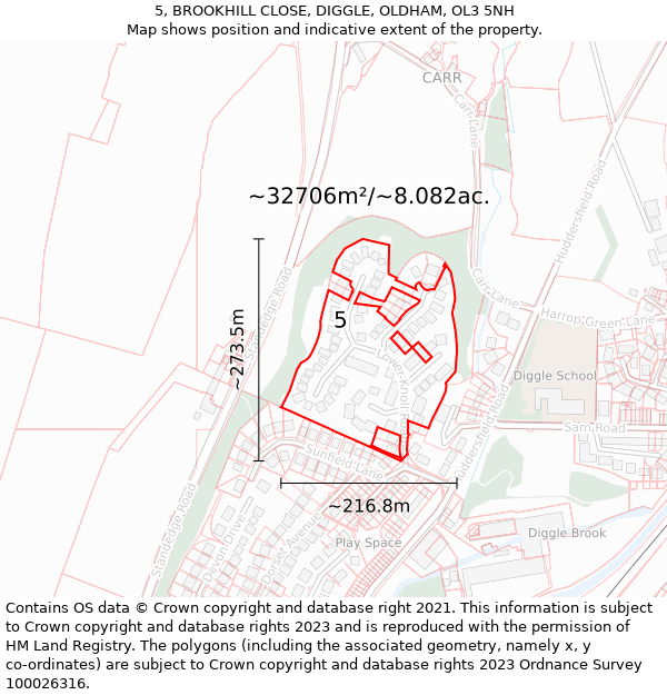 5, BROOKHILL CLOSE, DIGGLE, OLDHAM, OL3 5NH: Plot and title map