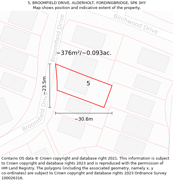 5, BROOMFIELD DRIVE, ALDERHOLT, FORDINGBRIDGE, SP6 3HY: Plot and title map