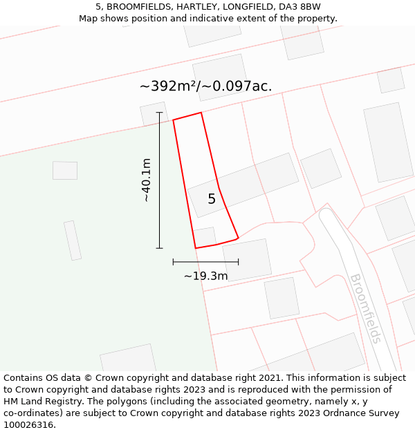 5, BROOMFIELDS, HARTLEY, LONGFIELD, DA3 8BW: Plot and title map