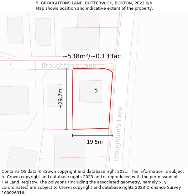 5, BROUGHTONS LANE, BUTTERWICK, BOSTON, PE22 0JA: Plot and title map