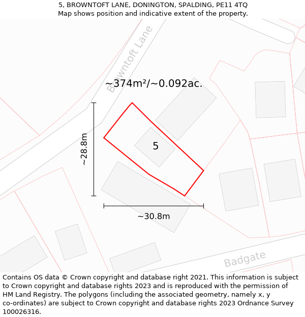 5, BROWNTOFT LANE, DONINGTON, SPALDING, PE11 4TQ: Plot and title map