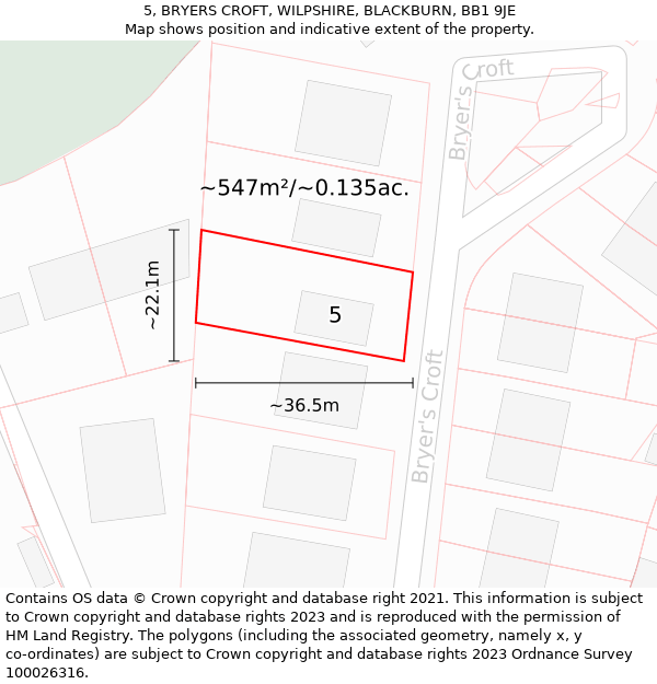 5, BRYERS CROFT, WILPSHIRE, BLACKBURN, BB1 9JE: Plot and title map