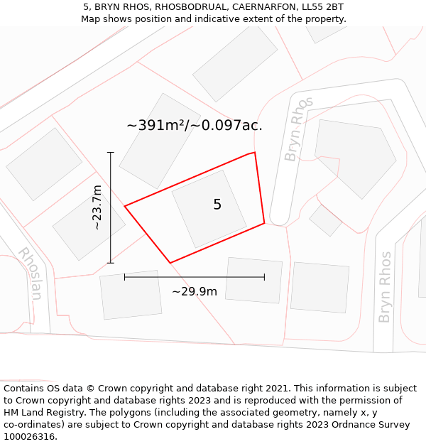 5, BRYN RHOS, RHOSBODRUAL, CAERNARFON, LL55 2BT: Plot and title map